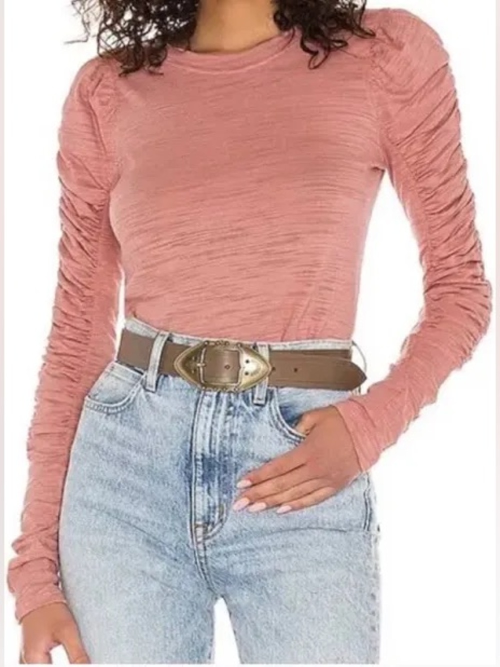 We The Free - Natasha Pink Ruched Long Sleeve T-Shirt - Size L